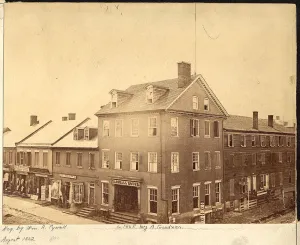 The Marshall House as it looked in 1861. Note the tall flagpole on the roof of the building. Its owner was a brutal slave owner and fire-breathing Secessionist.