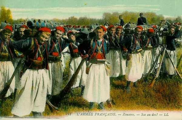 The original zouaves were Algerians, recruited by the French to serve in their army. Their elan in battle became legendary and many "zouave" regiments were formed during the Civil War in emulation of them.